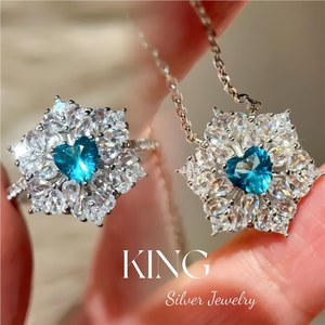 King Silver Jewelry Frost Flower Snowflake <b>Ring</b> Necklace Set Crystal Rhinestone Claw Setting Women's Everyday Wear - Product Image 1