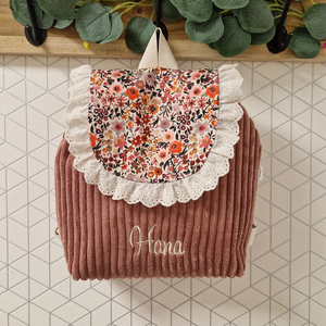 Mochila <span class=keywords><strong>de</strong></span> Hombro <span class=keywords><strong>de</strong></span> Pana con Cordón y Parche Floral Bordado con Nombre Personalizado al por Mayor para Mujer - Product Image 3