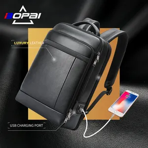 Bopai oem bsci premium mochila de logotipo personalizado, multifuncional carregamento usb para laptop de 15.6 polegadas de luxo de couro genuíno