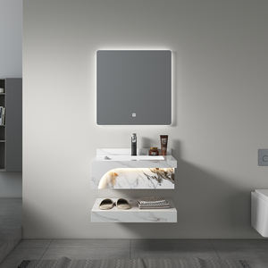 Mueble de baño moderno de doble capa Mable Rock Slate, mueble de lavabo ovalado con iluminación, juego de baño para hotel y escuela - Product Image 6
