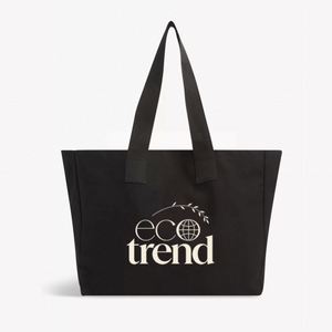 Custom Printed Logo Reusable 12oz Cotton Large Capacity Oversize Women Simple Style <b>Black</b> Canvas Weekender <b>Bag</b> Big for Shopping - Product Image 1