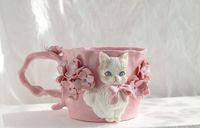 Mug Keramik 3D Kucing & Bunga Warna Pink, Cangkir Kopi Porselen Buatan Tangan dengan Gagang Bermotif Bunga untuk Pecinta Kucing