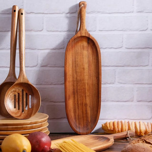Bandeja de servir rectangular de madera de acacia con asa para exhibir té, café, frutas y pasteles, color marrón sólido - Product Image 1