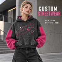 Sweat-shirt à capuche court personnalisé à blocs de couleur avec motif abstrait courbé, effet délavé, pour femme, style streetwear