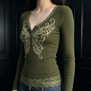 Women's <b>Y2K</b> Butterfly Print Color Block Lace Trim Knitted <b>Long</b> <b>Sleeve</b> T-Shirt Stretchy Slim Fit Casual Fall <b>Top</b> - Product Image 6