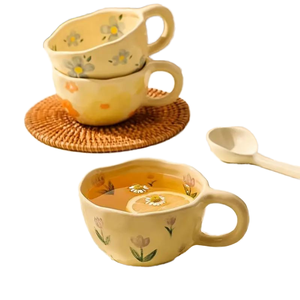 Tasse à petit-déjeuner en céramique faite à la main, nouvelle tasse à flocons d'avoine pour thé au lait, cadeaux de cuisine en poterie pour femmes, tasses à thé et soucoupes - Product Image 1
