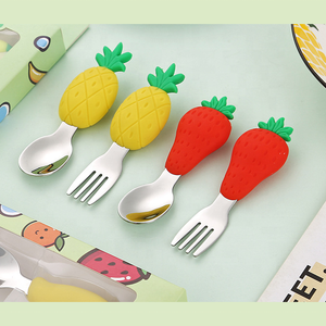 Custom Silicone 304 Stainless Steel <strong>Children's</strong> <strong>Cutlery</strong>, Fruit Pattern Spoon and Fork Set, Baby Feeding Spoon - Product Image 4