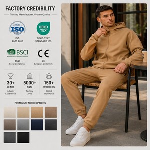 Survêtement 2 pièces pour homme en mélange <span class=keywords><strong>de</strong></span> coton doux, avec capuche zippée intégrale, manches raglan, coupe décontractée, poignets côtelés, cordon <span class=keywords><strong>de</strong></span> serrage, coupe fuselée, personnalisable OEM ODM - Product Image 1
