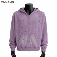 Sweat à capuche zippé personnalisé pour homme, entièrement orné de strass, effet délavé, en molleton bouclette épais, style streetwear vieilli avec cristaux, fabrication sur mesure