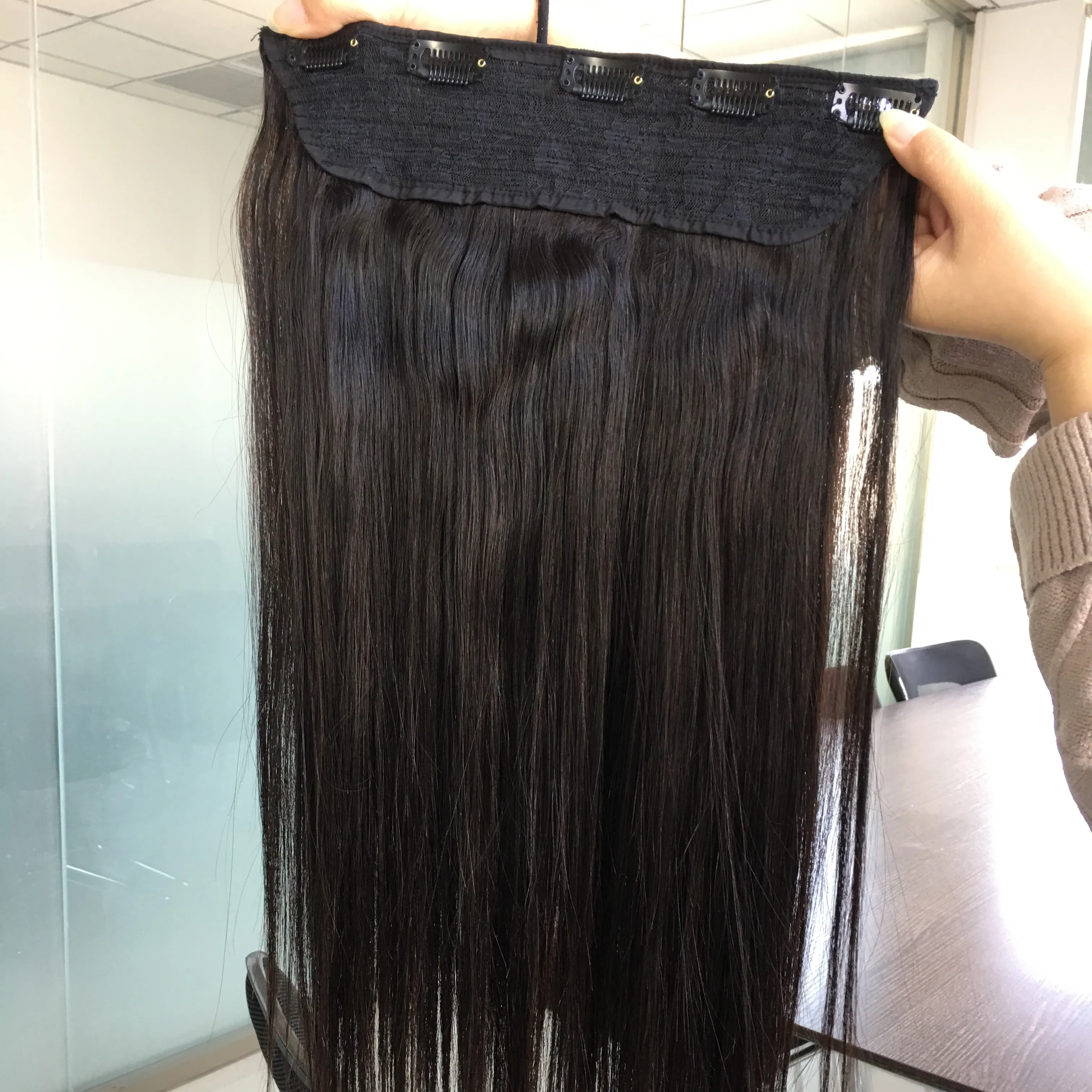 Extensions de cheveux brésiliens à clip en dentelle personnalisées, 100% cheveux humains, une pièce, simple, double, naturels