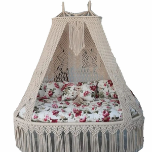 Macramé Hanging Patio Swing Chair Floral Mattress with Cushioned Canopy Outdoor Lounge Furniture Seat 2 People Bohemian Style - Product Image 1