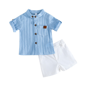 Vêtements pour bébé garçon de 3 à 24 <span class=keywords><strong>mois</strong></span>, <span class=keywords><strong>chemise</strong></span> à manches courtes à rayures verticales blanches, short kaki, ensemble deux pièces, vente en gros - Product Image 1