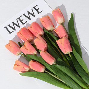 En stock Real Touch solo tallo seda naranja tulipán 36,5 cm flor artificial hidratante para Cafetería Restaurante Hotel decoración interior - Product Image 2