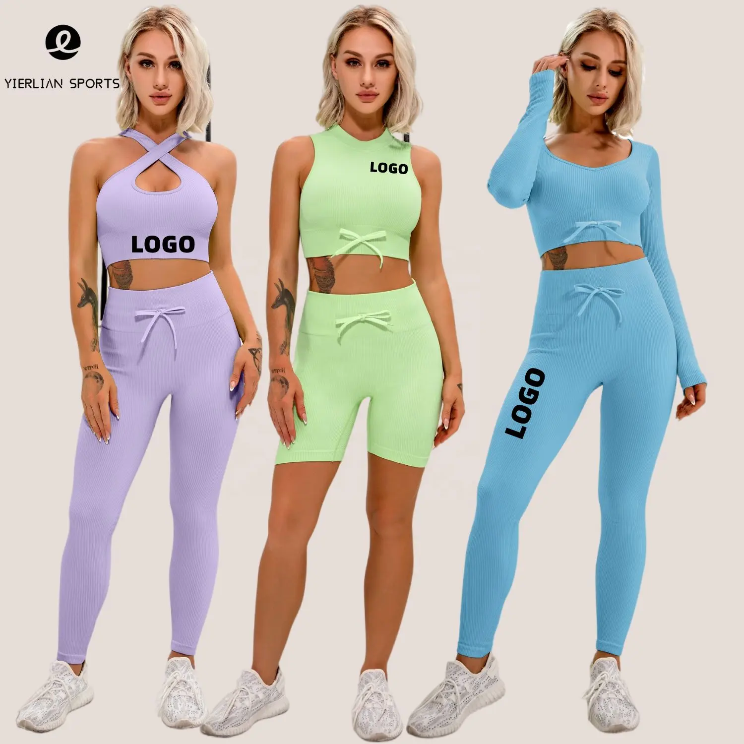 2023 Custom Logo Vrouwen Ademende Actieve Stretch 6 Stuks Geribbelde Hoge Taille Broek 6 Delige Set Naadloze Workout Gym Yoga Set