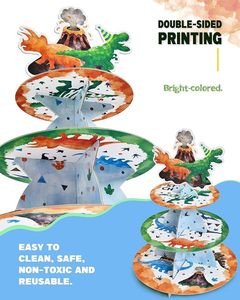 DAMAI - Torre de Postres de 3 Niveles con Diseño de Dinosaurios en Acuarela, Artículos para Fiestas Temáticas, Soporte para Cupcakes, Decoraciones para Fiestas de Cumpleaños de Dinosaurios - Product Image 3