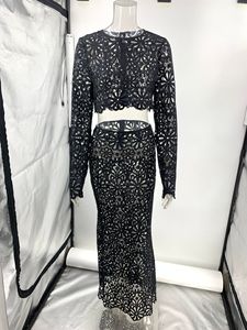 Elegante gonna nera scava in <span class=keywords><strong>pizzo</strong></span> in due pezzi Set da donna in tinta unita gonna sottile abito bianco con elastico in vita abito Casual - Product Image 5