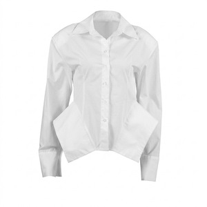 Fabricante de <span class=keywords><strong>Blusas</strong></span> para Mujer OEM ODM Personalizadas, Etiqueta Privada, Hombros Acolchados, Cintura Ajustada, Dobladillo Asimétrico, Camisa Blanca de Algodón al por Mayor - Product Image 5