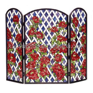 Customized Stained Glass Room Divider 3 Panels Floral Pattern Red Roses Blue Background Freestanding Decorative <b>Screen</b> - Product Image 5