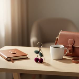 Portachiavi con ciondolo a forma di ciliegia con perle finte e palline di velluto per borsa o chiavi - Product Image 2