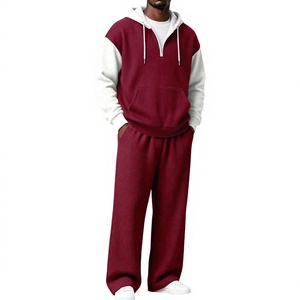 Ensemble sweat à capuche en maille gaufrée pour homme, sweat-shirt zippé color block et pantalon large, tenue décontractée d'automne, prix de gros, OEM, prix abordable - Product Image 4