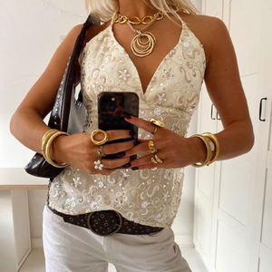 Haut à paillettes brodé pour femmes, dos nu, à nouer, sans manches, camisole Y2K, sexy, pour soirée, club, été - Product Image 5