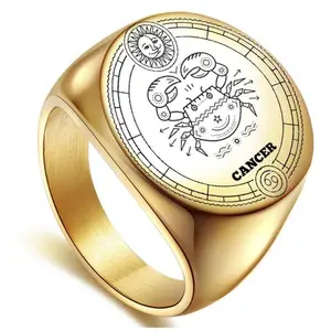 New Trendy Titanium Steel Rings Men Silver Gold Color Twelve Zodiac Jewelry Rings