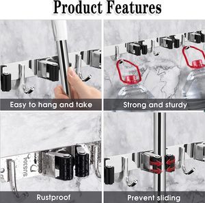 Hot Sale 5 Racks <strong>and</strong> 4 <strong>Hooks</strong> <strong>Mop</strong> <strong>and</strong> <strong>Broom</strong> Holder Wall Mount <strong>Broom</strong> Organizer Storage Tool Racks Stainless Steel Heavy Duty <strong>Hooks</strong>