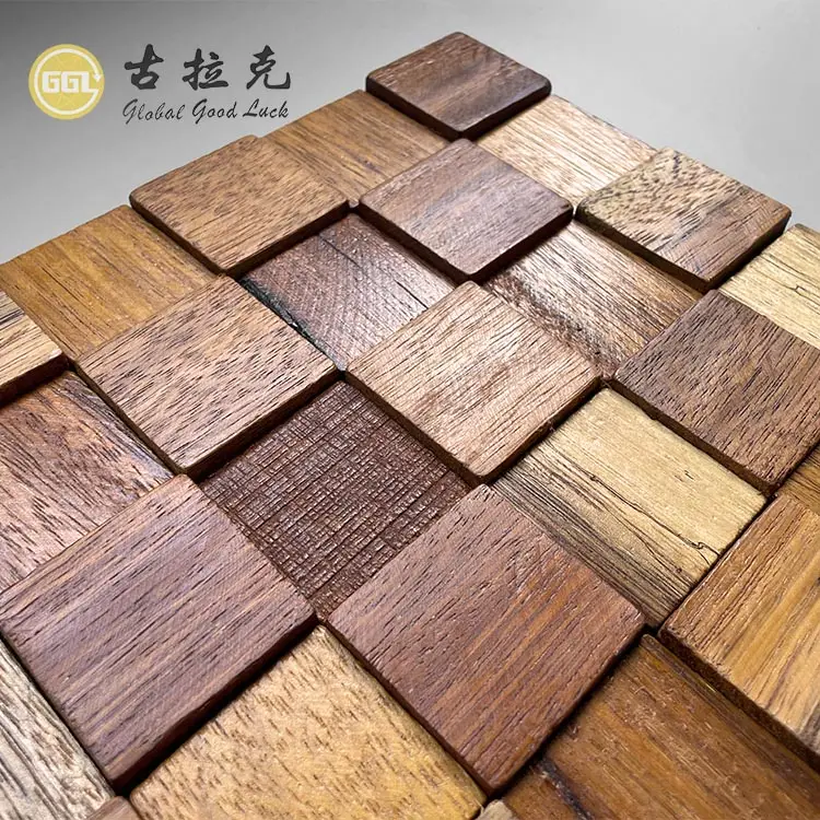 Gạch khảm gỗ tự nhiên gạch ốp tường gỗ mộc mạc 3D mô hình vuông khảm