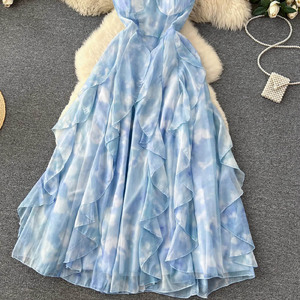 LY19 ANSZKTN ANSZKTN coreano <span class=keywords><strong>Chic</strong></span> colore blu cravatta con stampa volant con spalline sottili abito Sexy da donna <span class=keywords><strong>abbigliamento</strong></span> donna 3 - Product Image 2