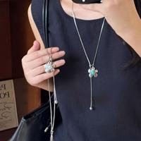 Collier vintage en alliage avec pendentif fleur en Y, ajustable, incrusté de pierres colorées, longue chaîne coulissante pour pull, bijoux ethniques pour femmes