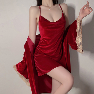 Đồ ngủ nữ thương hiệu Lingerie, váy ngủ ren gợi cảm không lưng, áo choàng nhung ngọt ngào, dây đeo lưng thun, dài đến đầu gối - Product Image 1