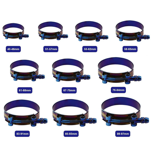 Steel Car Hose Clamp Kit 1.75" to 3.5" Universal T Bolt Style Adjustable Pipe Fix Clip 45mm to 98mm Hose Clamp Titanium Blue