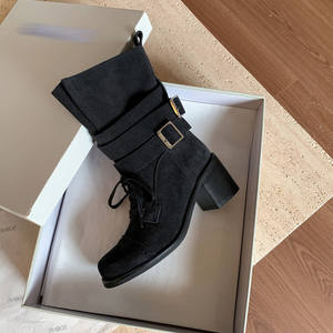 Zapatos de Tacón Medio Grueso, Elegantes, Retro, Casuales, de Color Sólido, con Punta Cuadrada, Hechos a Mano con Cuero Genuino, Impermeables - Product Image 1