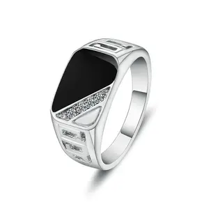 Good Quality Male Rhinestone Jewelry Classic Gold Silver Color Square Black Enamel Ring For Men Engagement Party Gift
