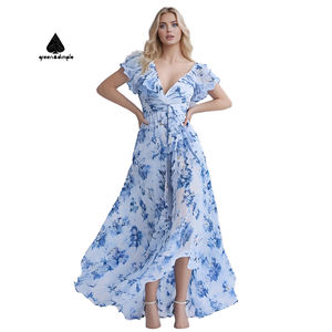 Robe longue décontractée pour femmes Green Dimple OEM avec fente, imprimé floral, découpes, robe de plage sexy pour femmes, robe de soirée - Product Image 4