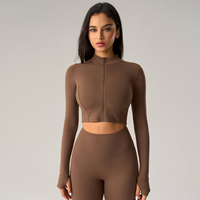 Nouvel ensemble de yoga 2 pièces pour femme 2025 : veste de sport à manches longues, coupe ajustée, taille élastique, style brassière, couleur unie, séchage rapide, logo frontal