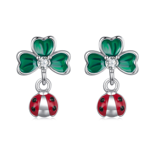 Pavé impostazione CZ placcato oro bianco Sterling <span class=keywords><strong>argento</strong></span> gioielli SCE1865 quadrifoglio <span class=keywords><strong>coccinella</strong></span> moda <span class=keywords><strong>orecchini</strong></span> a bottone - Product Image 1