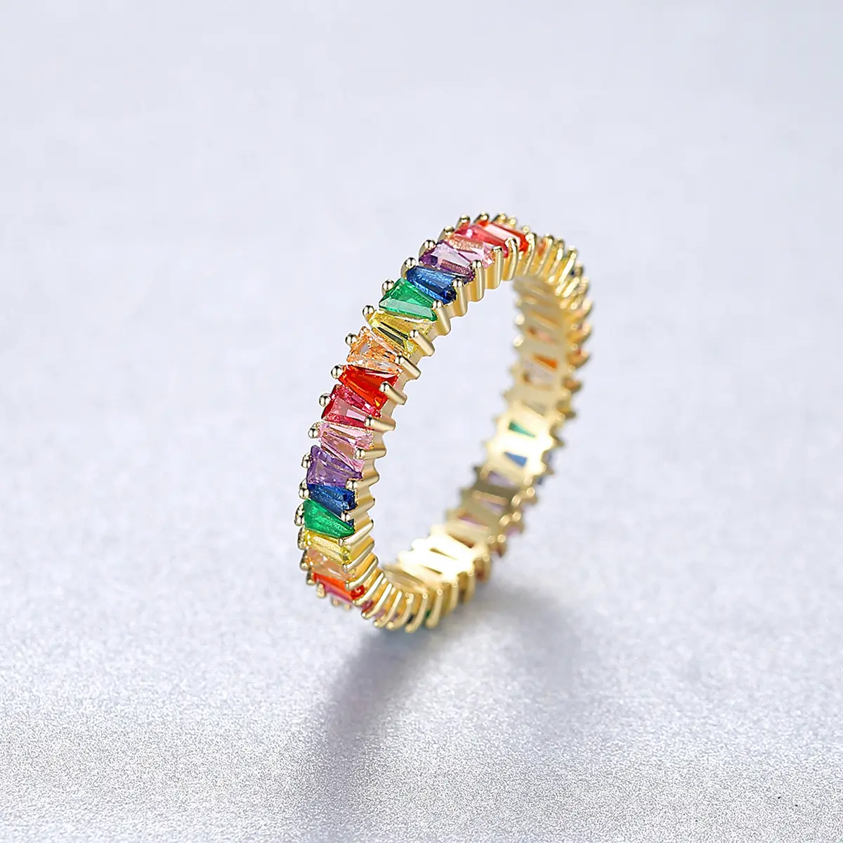 Luxury 925 Sterling Silver Colorful Rainbow Zirconia Baguette Finger Ring CZ Eternity 18K Gold Plated Rings