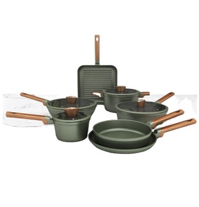 Chất lượng cao OEM bán chạy nhất đúc hiệu ứng gỗ nhôm nấu ăn chậu và chảo không dính gốm <span class=keywords><strong>Cookware</strong></span> sets với Glass Nắp - Product Image 1