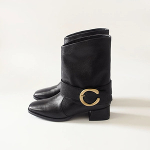 2025 nuovo francese semplice punta quadrata <span class=keywords><strong>tacco</strong></span> spesso in pelle bovina con fibbia in metallo <span class=keywords><strong>stivali</strong></span> medi pantaloni a tubo <span class=keywords><strong>stivali</strong></span> donna - Product Image 2