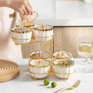Plateau <span class=keywords><strong>en</strong></span> céramique créatif de style europé<span class=keywords><strong>en</strong></span> Assiette à collation portable avec couvercle <span class=keywords><strong>en</strong></span> <span class=keywords><strong>verre</strong></span> pour le thé de l'après-midi, gâteau, fruits, ustensiles de cuisine - Product Image 2