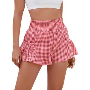 FOXA Pantalones Cortos Deportivos de Cintura Alta para Mujer, Rojos a Cuadros, con Bolsillos, para Gimnasio, de Secado Rápido y Estilo Fluido - Product Image 1
