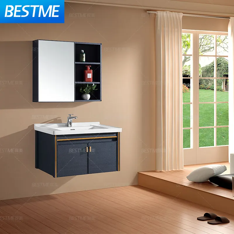 Factory Directly Sell modern furniture mirror black vanity pvc bathroom cabinet washing basin