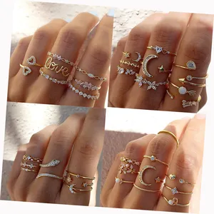 Grosir Set cincin hati cinta huruf warna emas Boho untuk wanita zirkon bintang bulan panah bunga cincin jari Mode hadiah perhiasan