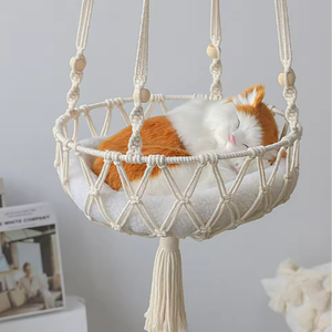 Cage pour animaux de compagnie en macramé bohème - Corde de coton faite à la main, couleur unie, <span class=keywords><strong>lit</strong></span> suspendu moderne et tendance pour chats et petits chiens, amovible, lavable, carton - Product Image 4
