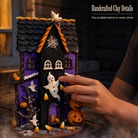 Figurine personnalisée OEM en pâte à modeler, maison hantée d'Halloween, avec lumière LED, cité fantôme de citrouilles, décoration de table