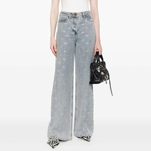 Pantalones Vaqueros de Mezclilla para Mujer, Estilo Coquette Y2K, con Lazo, Estampados, de Cintura Alta, Pierna Ancha, Color Azul Claro - Product Image 4