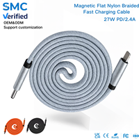 Kabel Pengisi Daya Cepat 27W PD Magnetik Flat Nylon Braided Tipe C 8PIN 1M Tembaga Murni Sinkronisasi Data Custom OEM Hemat Biaya