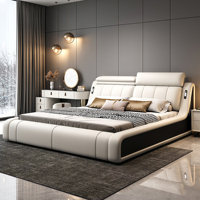 Lit de Luxe Lumineux pour la Maison, Vente en Gros, Design Moderne, Lit King Size 1,8 m en Bois et Cuir Rembourré avec Rangement et Dossier Réglable