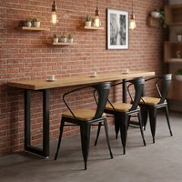 Table de bar longue et haute en bois avec plateau en bois et pieds en métal, prix d'usine, mobilier commercial pour restaurant